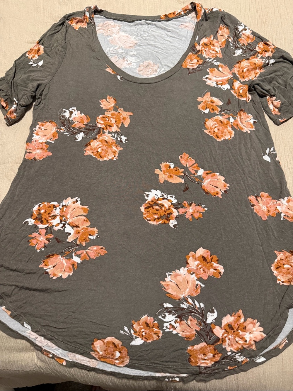 Maurice’s 24/7Women’s Floral Scoop Neck Top in Olive with Peach Blooms